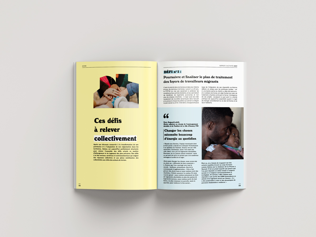 page chapitre, graphisme édition rapport activité Adoma par camille garnier