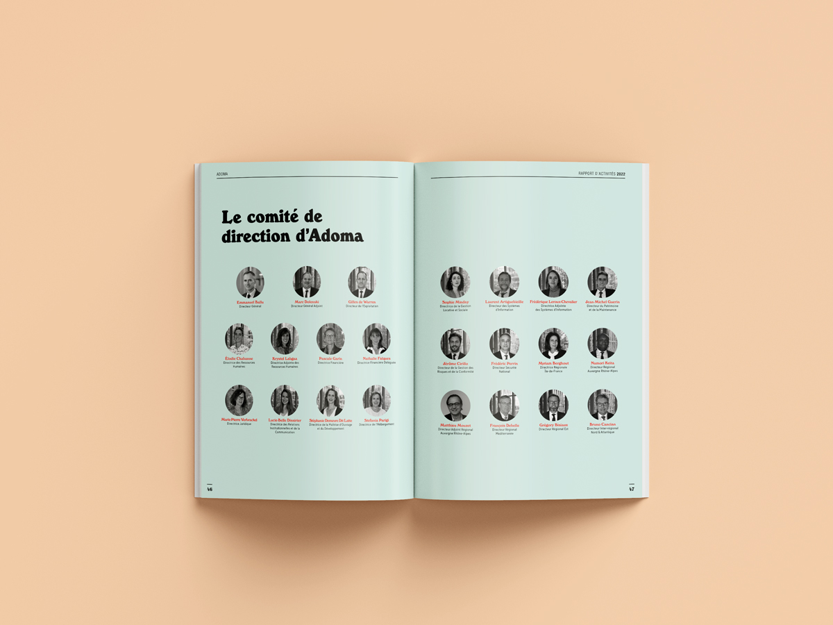 page trombinoscope, graphisme édition rapport activité Adoma par camille garnier