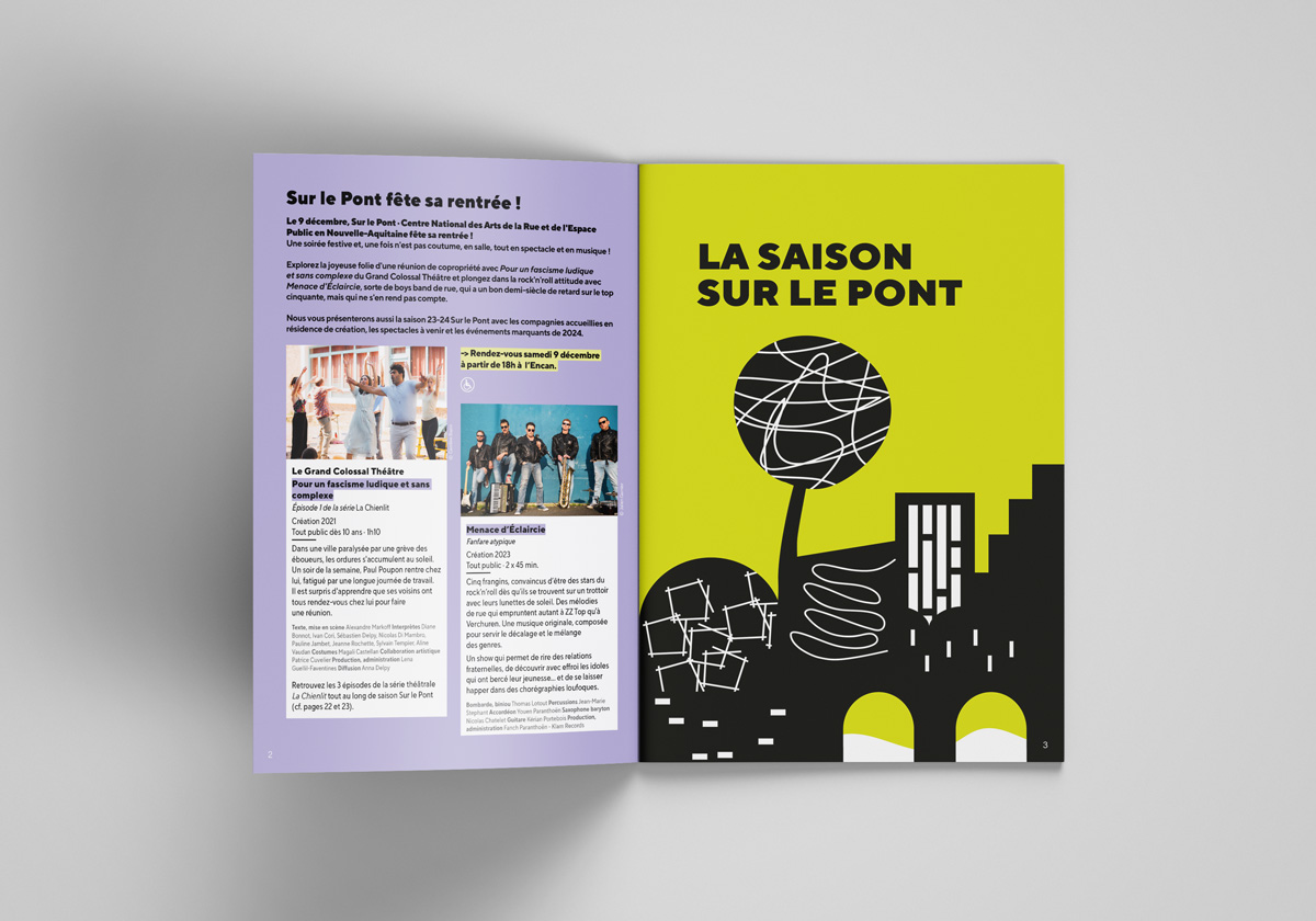 plaquette de saison 2023-2024 du CNAREP Sur le Pont par Camille Garnier graphiste freelance