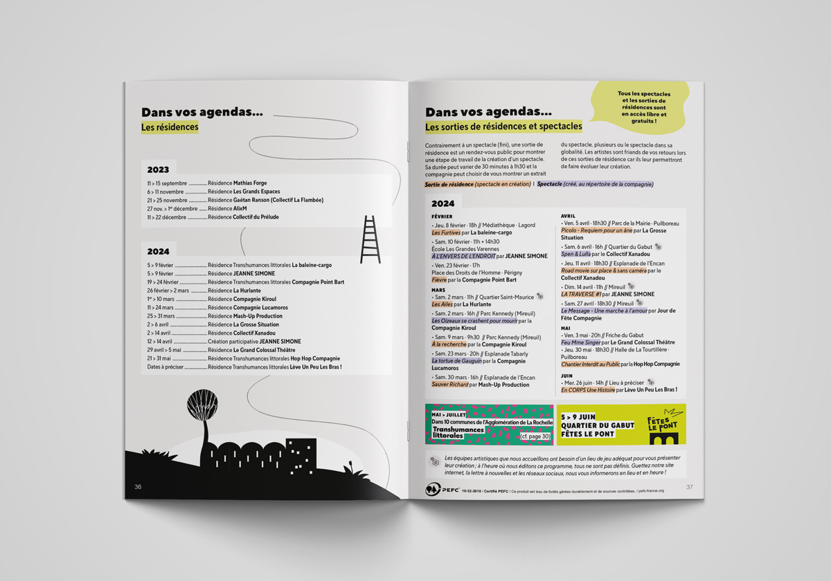 agenda de saison 2023-2024 du CNAREP Sur le Pont par Camille Garnier graphiste freelance
